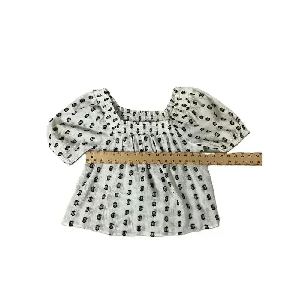 LOFT Black White Patterned Square Neck Short Puff Sleeve Peasant‎ Blouse Size MP